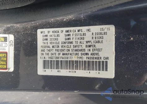 2015 Honda Accord Ex-L V-6 из США, поврежденный, VIN 1HGCT2B81FA008177